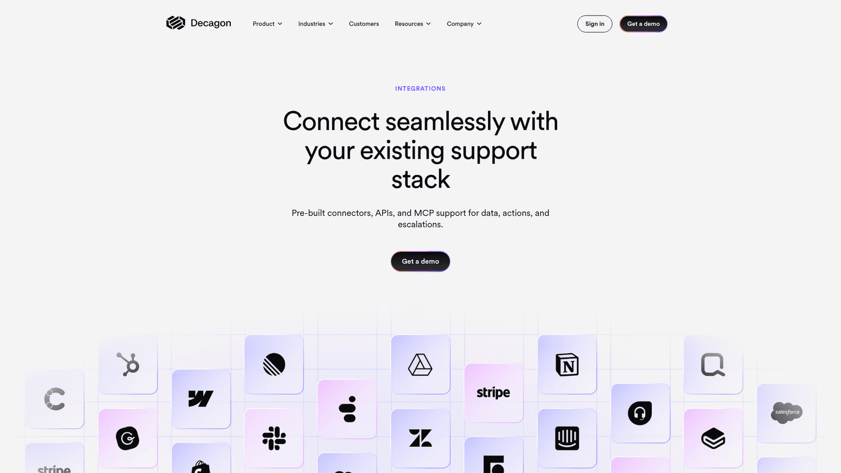 Decagon integrations page, with connector tiles for helpdesks, knowledge bases and payments, as taken from Decagon