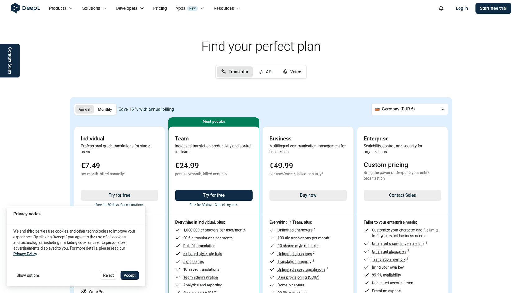 DeepL's Pro plans page showing Individual, Team, Business and Enterprise pricing, as taken from DeepL