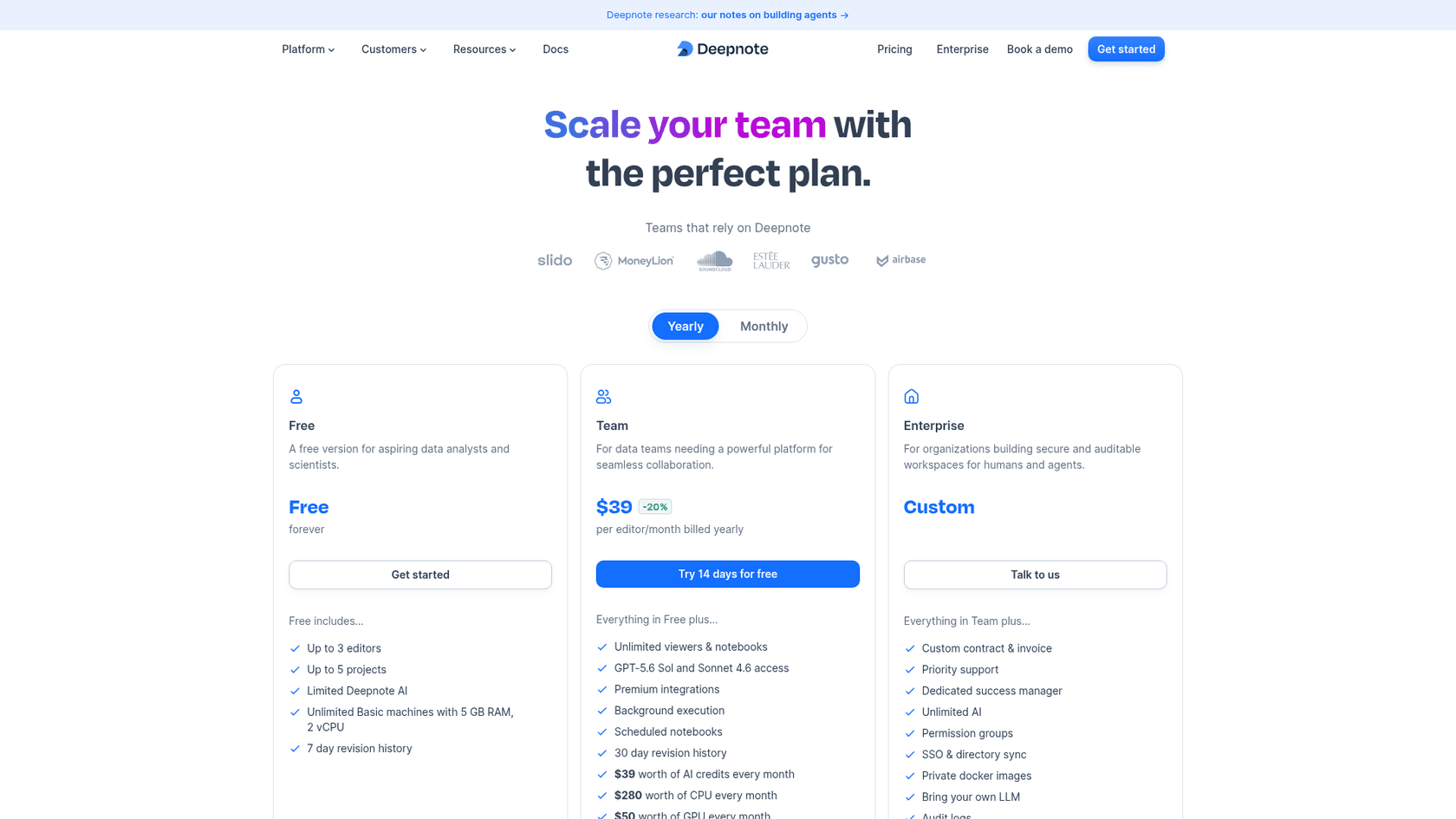 Deepnote pricing page with the Free, Team, and Enterprise plans, as taken from Deepnote