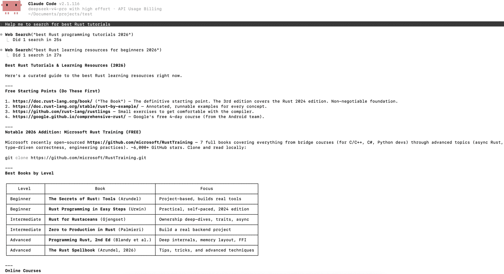 Claude Code running on deepseek-v4-pro, making two Web Search calls for Rust tutorials and then answering with a curated list, as taken from DeepSeek API Docs