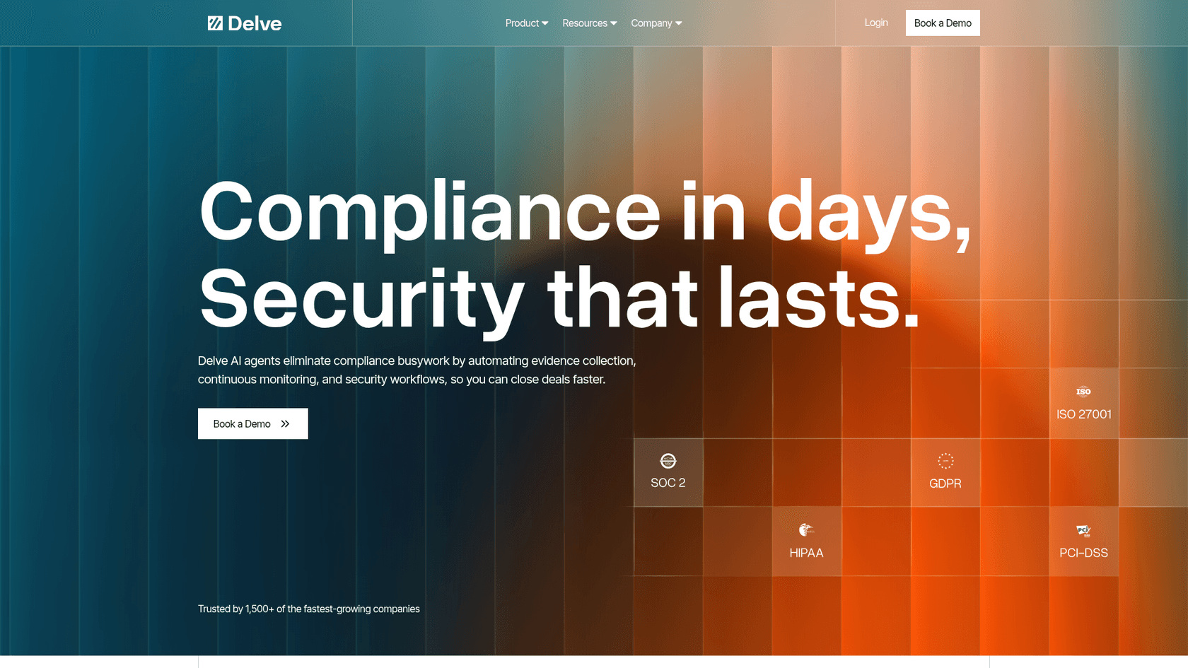 Delve's homepage listing SOC 2, HIPAA, ISO 27001, GDPR and PCI-DSS, as taken from Delve