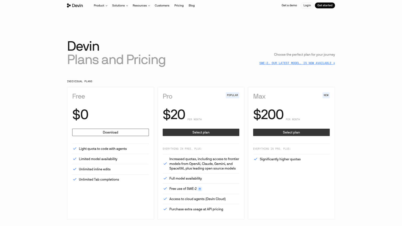 Devin plans and pricing page showing the Free, Pro and Max plans, as taken from Devin's pricing page