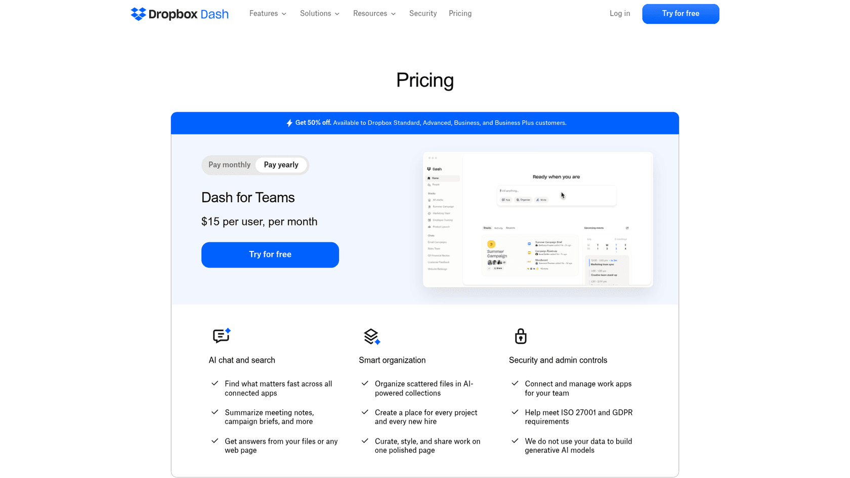 Dropbox Dash pricing page showing Dash for Teams at $15 per user per month, as taken from Dropbox Dash