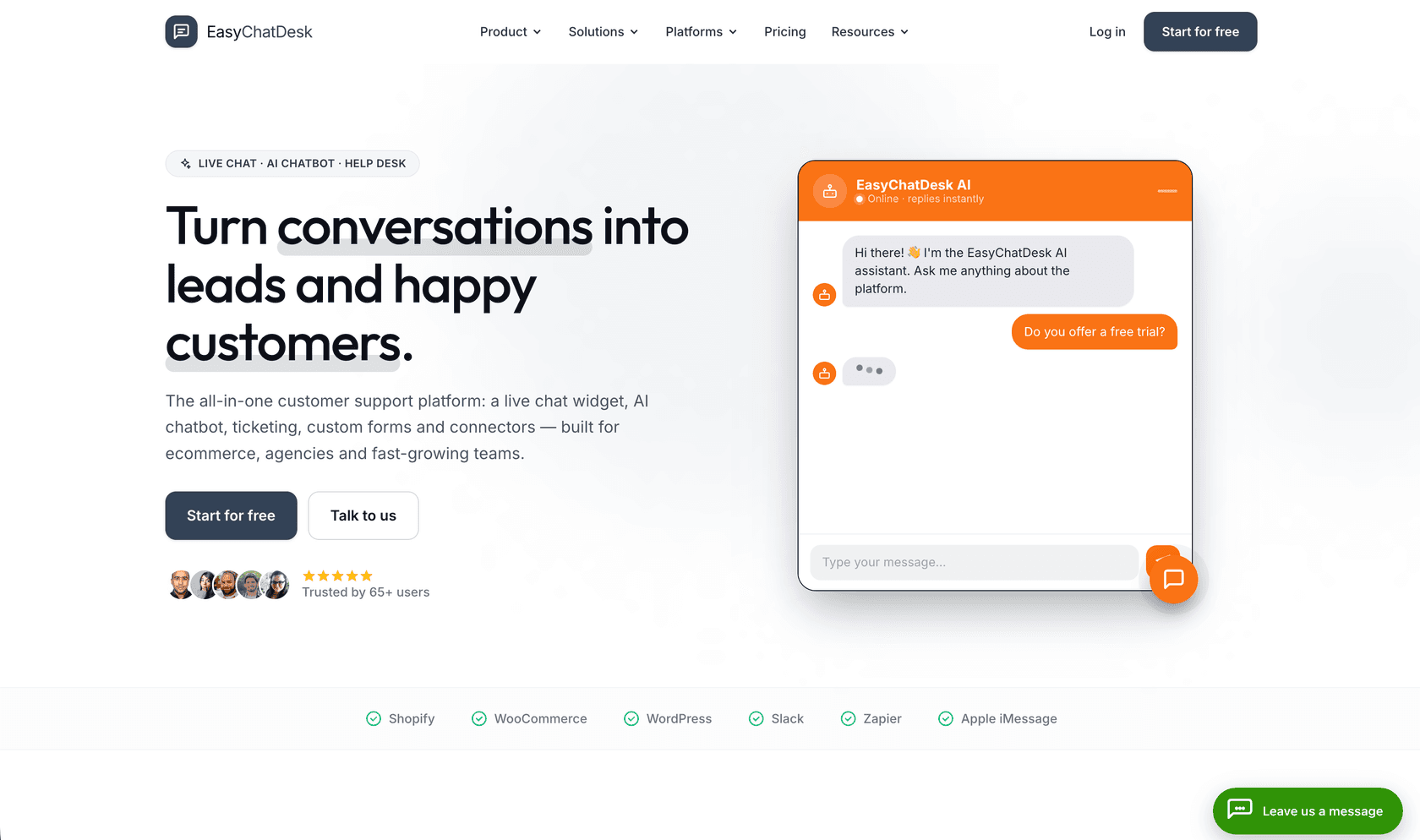 EasyChatDesk homepage showing its live chat, ticketing, and AI chatbot dashboard, as captured from easychatdesk.com
