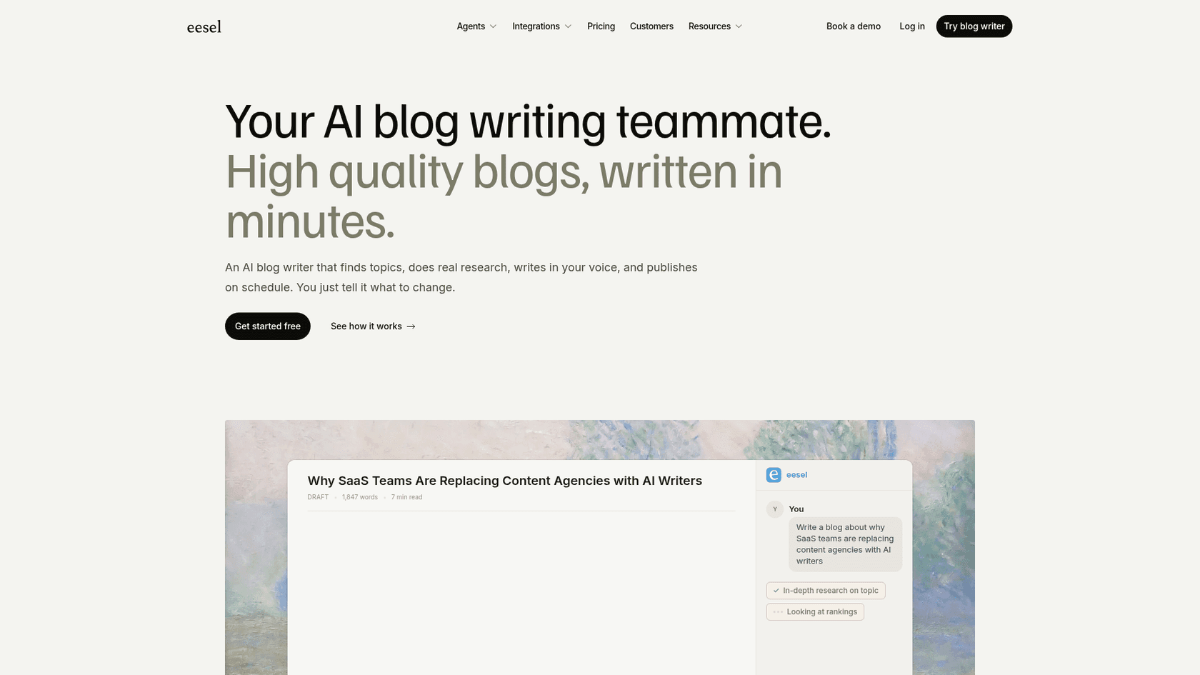 A screenshot of the eesel AI blog writer landing page, one of the platforms in this seo ai review.