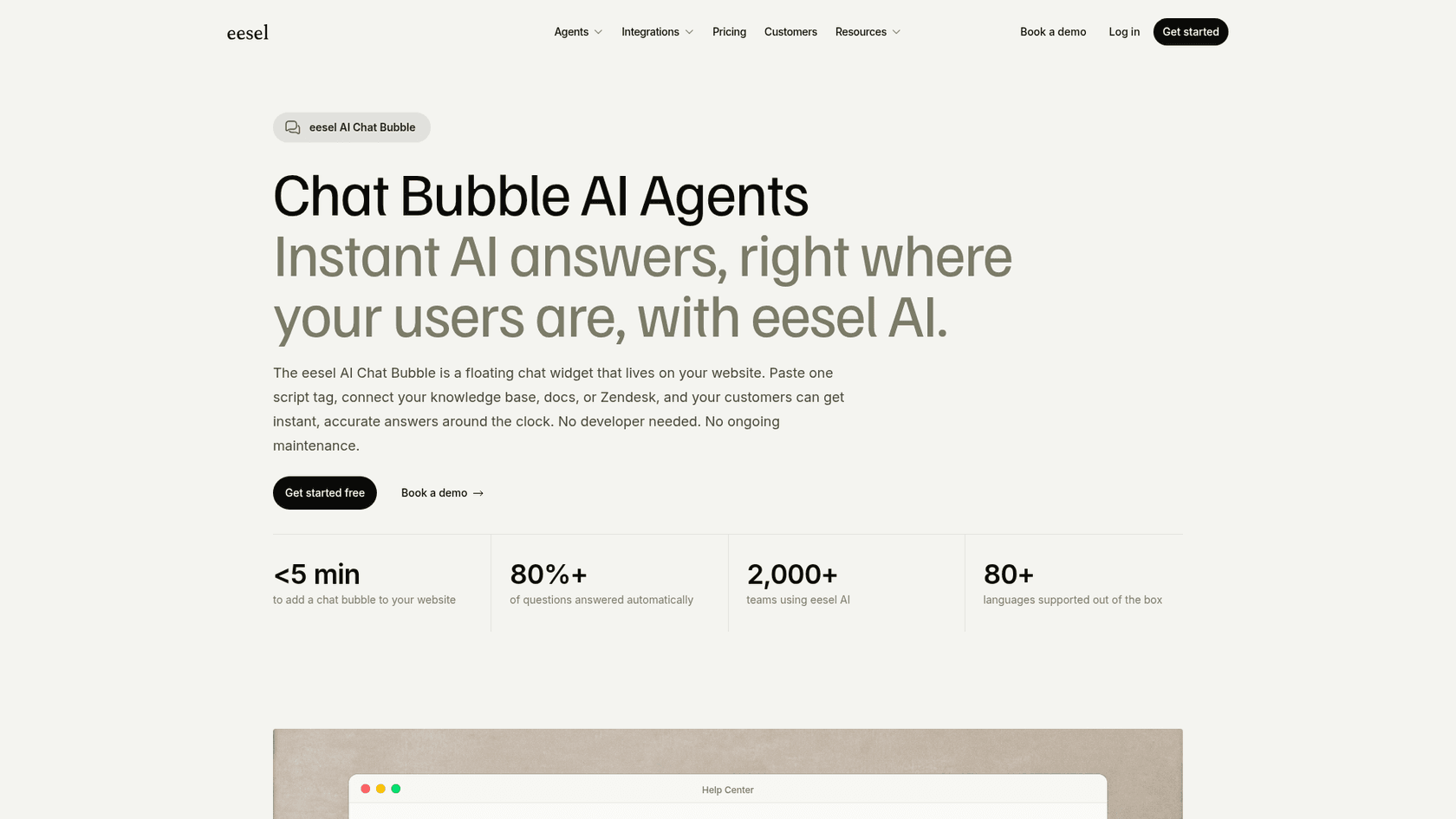 The eesel Chat Bubble page, describing a floating chat widget that installs with one script tag, with stats for under 5 minutes to add it and 80+ languages, as taken from eesel