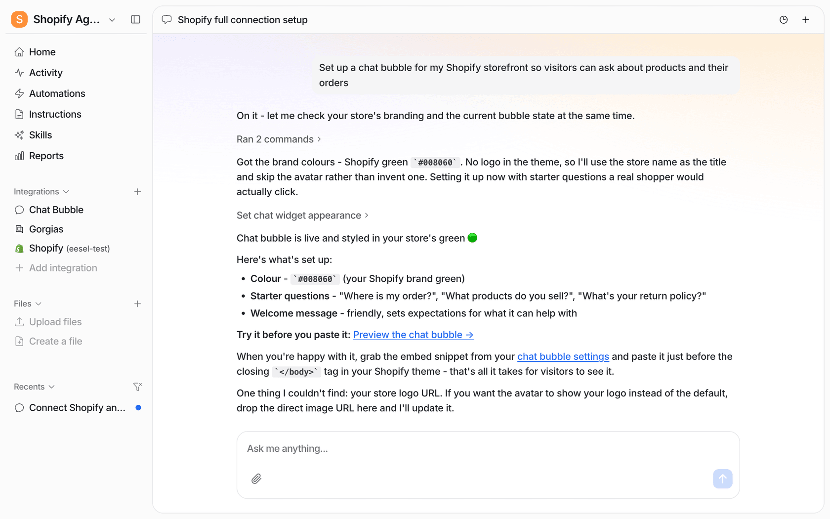 eesel dashboard chat where the agent sets up a chat bubble with brand colour, starter questions and an embed snippet, as taken from eesel's docs