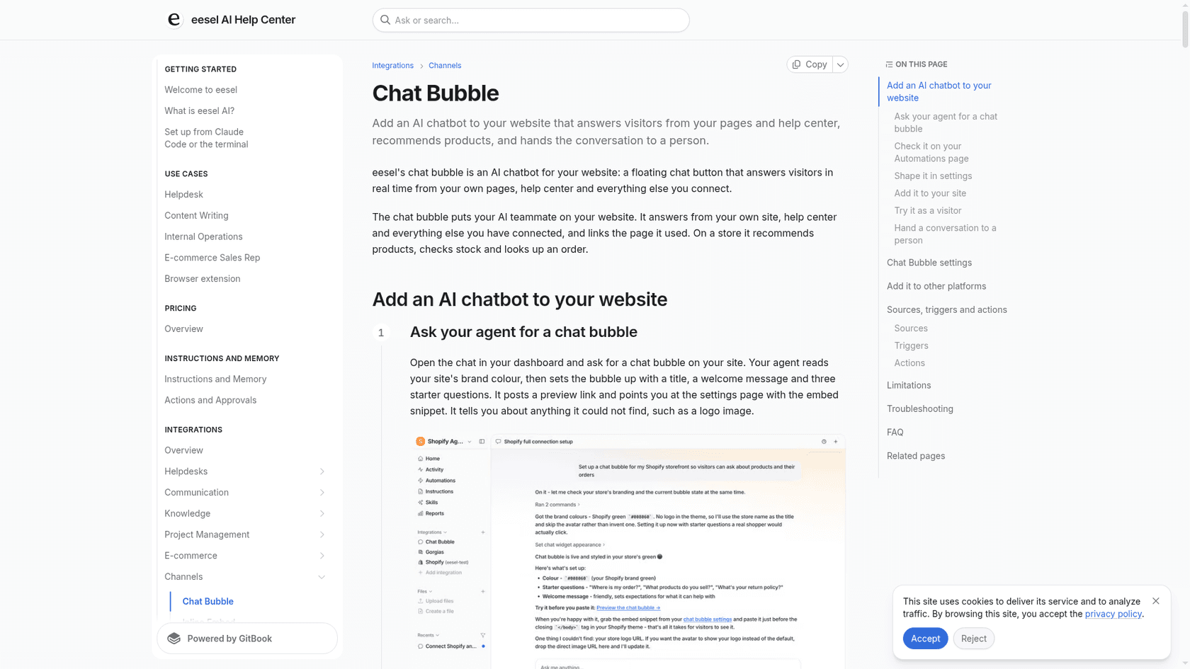 eesel help center page for the Chat Bubble, showing the first setup step of asking your agent for a chat bubble and the settings page with the embed snippet, as taken from eesel docs