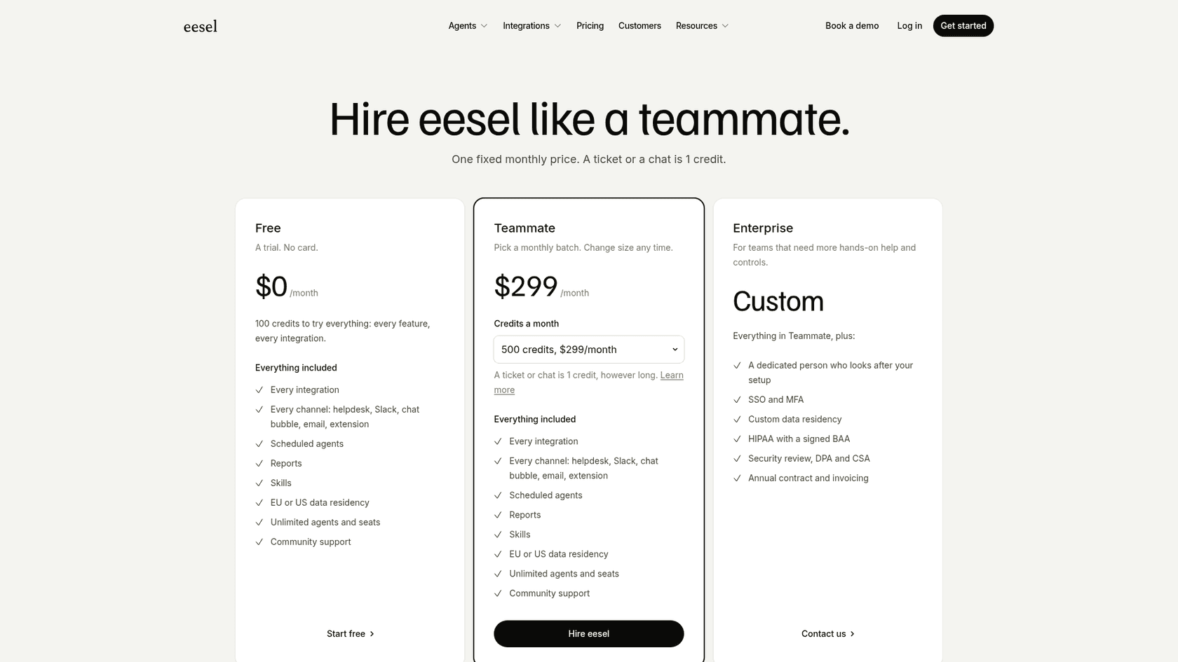 A screenshot of the eesel AI pricing page showing the Free, Teammate and Enterprise plans.
