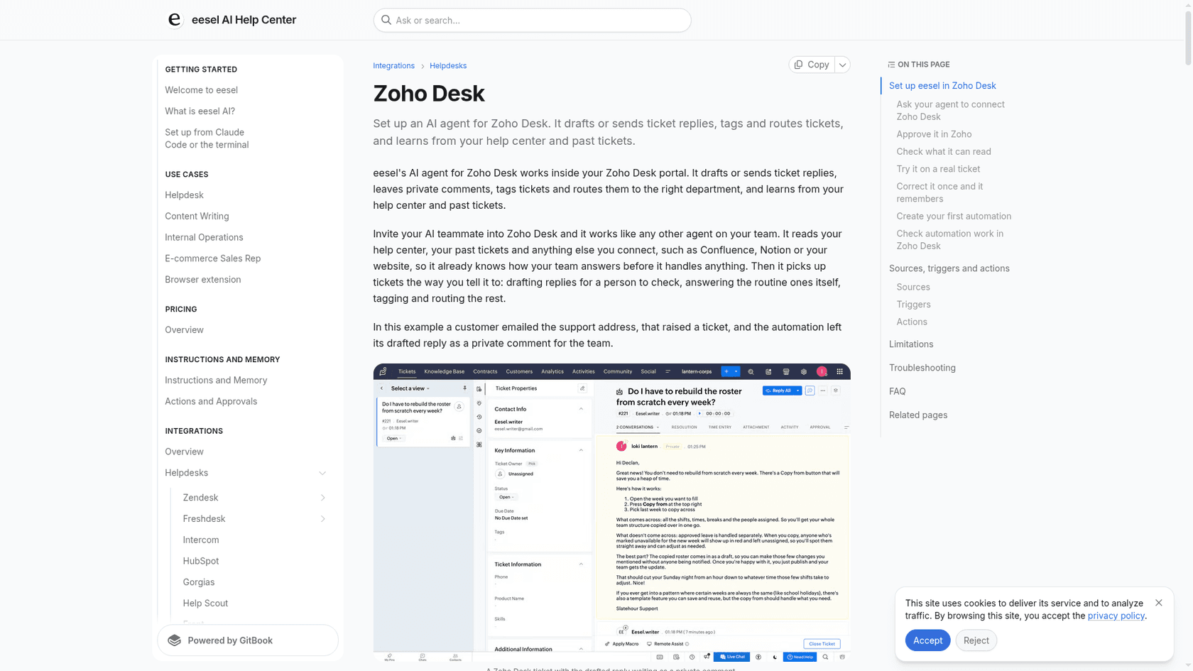 eesel's Zoho Desk docs showing a Zoho Desk ticket with eesel's drafted reply posted as a private comment, as taken from eesel docs