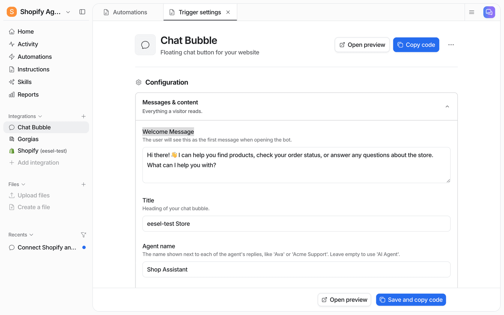 eesel chat bubble settings page with the Welcome Message, Title and Agent name fields, where the agent name defaults to AI Agent when left empty, as taken from the eesel docs