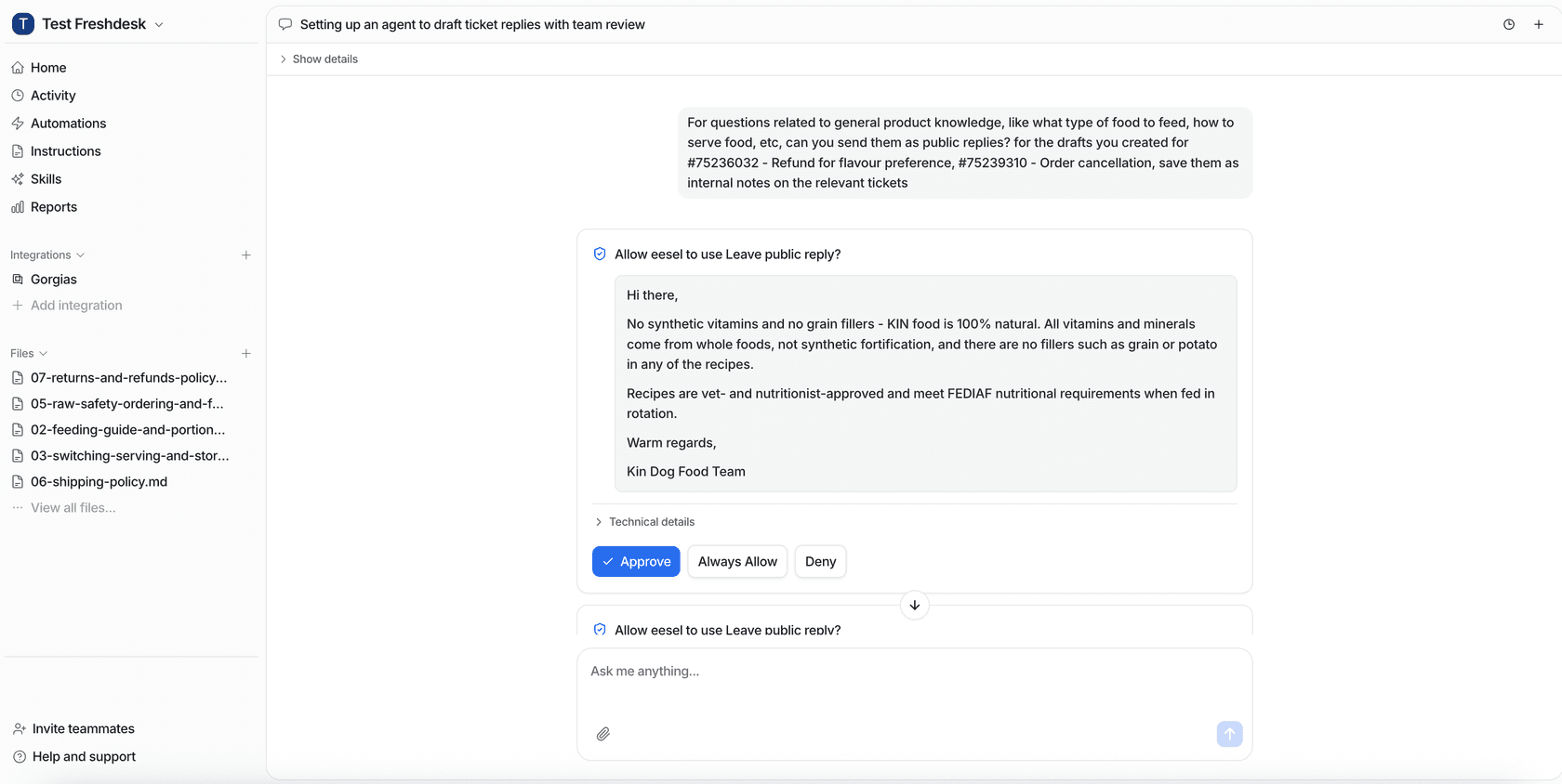 eesel approval card asking whether to allow a public reply on a Freshdesk ticket, showing the drafted reply with Approve, Always Allow and Deny buttons, as taken from the eesel docs