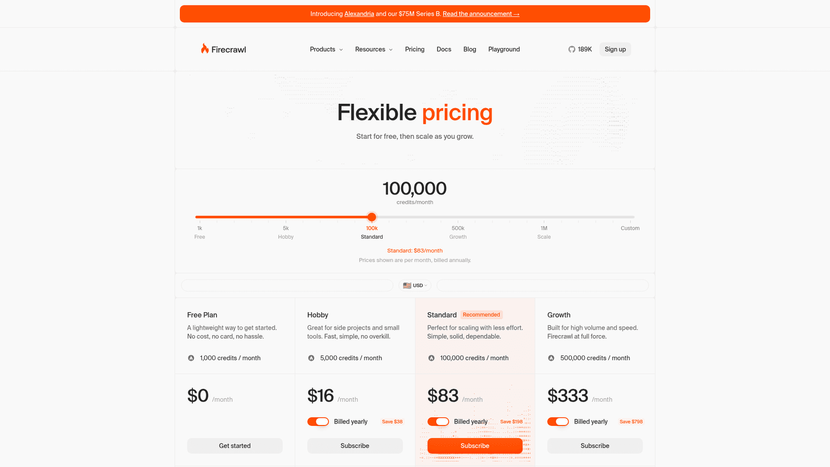 Firecrawl's pricing page with the Free, Hobby, Standard, and Growth plans, as taken from Firecrawl