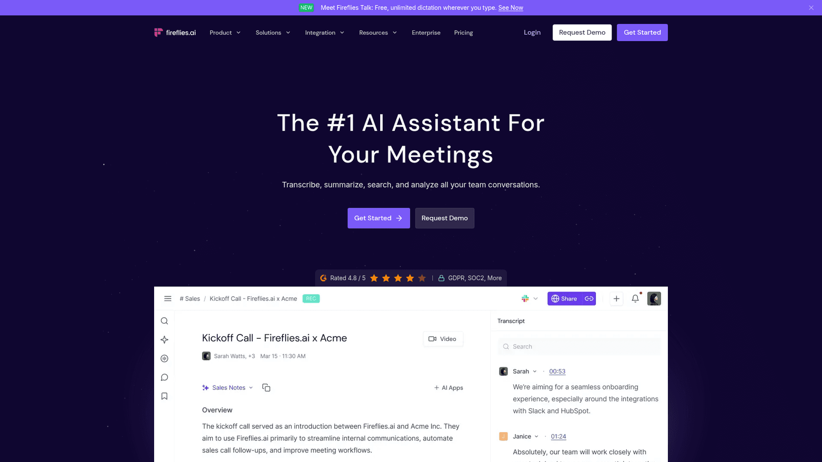 The Fireflies.ai homepage with a meeting notes view and live transcript panel, as taken from Fireflies