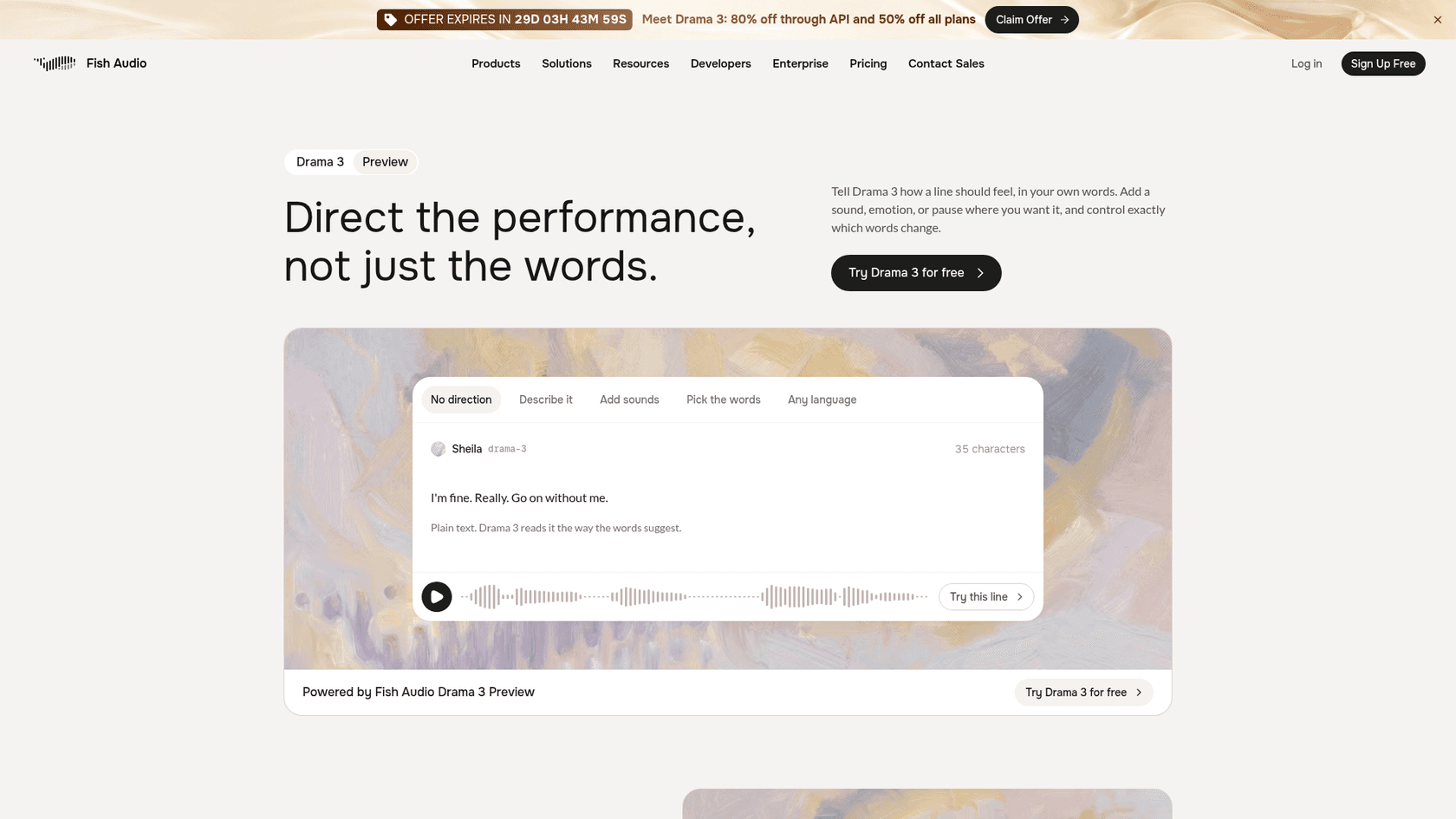 The Fish Audio Drama 3 landing page with the headline "Direct the performance, not just the words" and a demo line voiced by Sheila on drama-3, as taken from Fish Audio