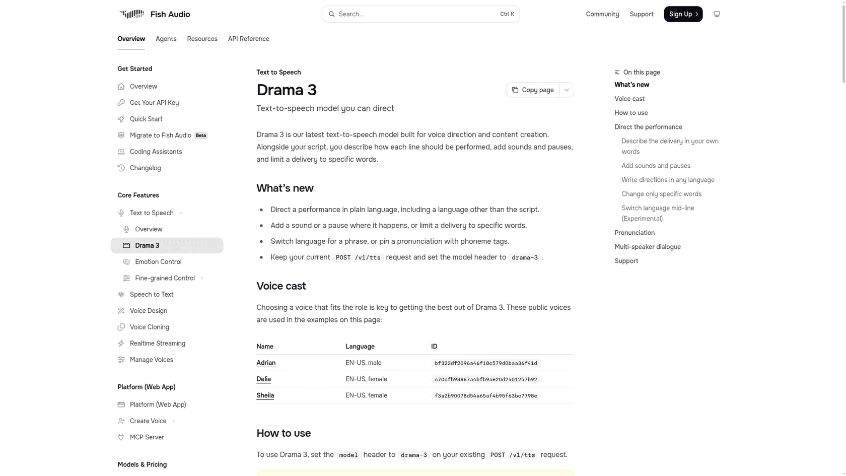 The Drama 3 page in Fish Audio's docs, listing what is new, the voice cast and how to use the model header, as taken from Fish Audio docs