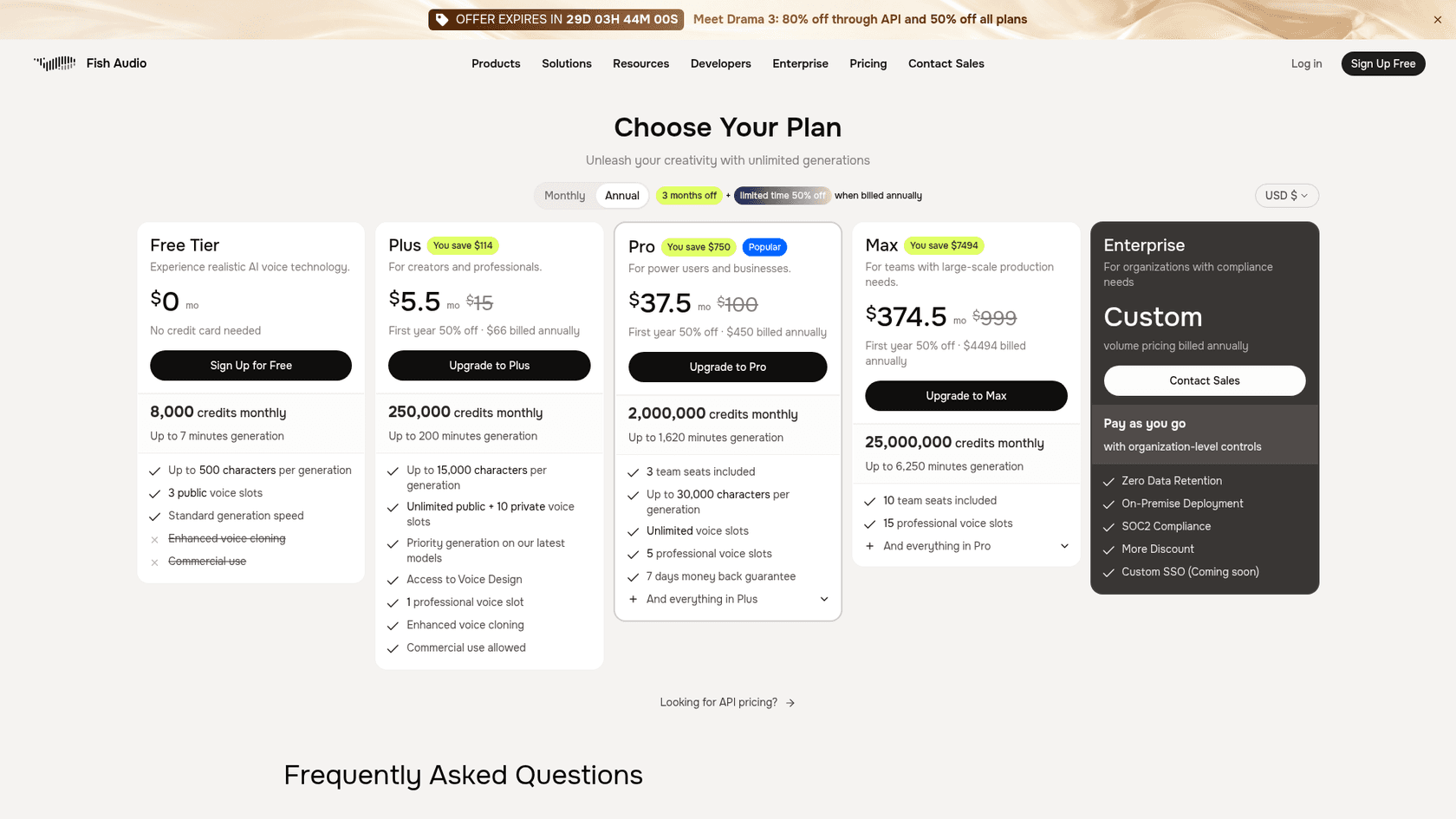 Fish Audio's plans page in annual view during the Drama 3 launch, showing Free at $0, Plus at $5.5 a month, Pro at $37.5 a month and Max at $374.5 a month with first-year 50% off, plus a custom Enterprise tier, as taken from Fish Audio