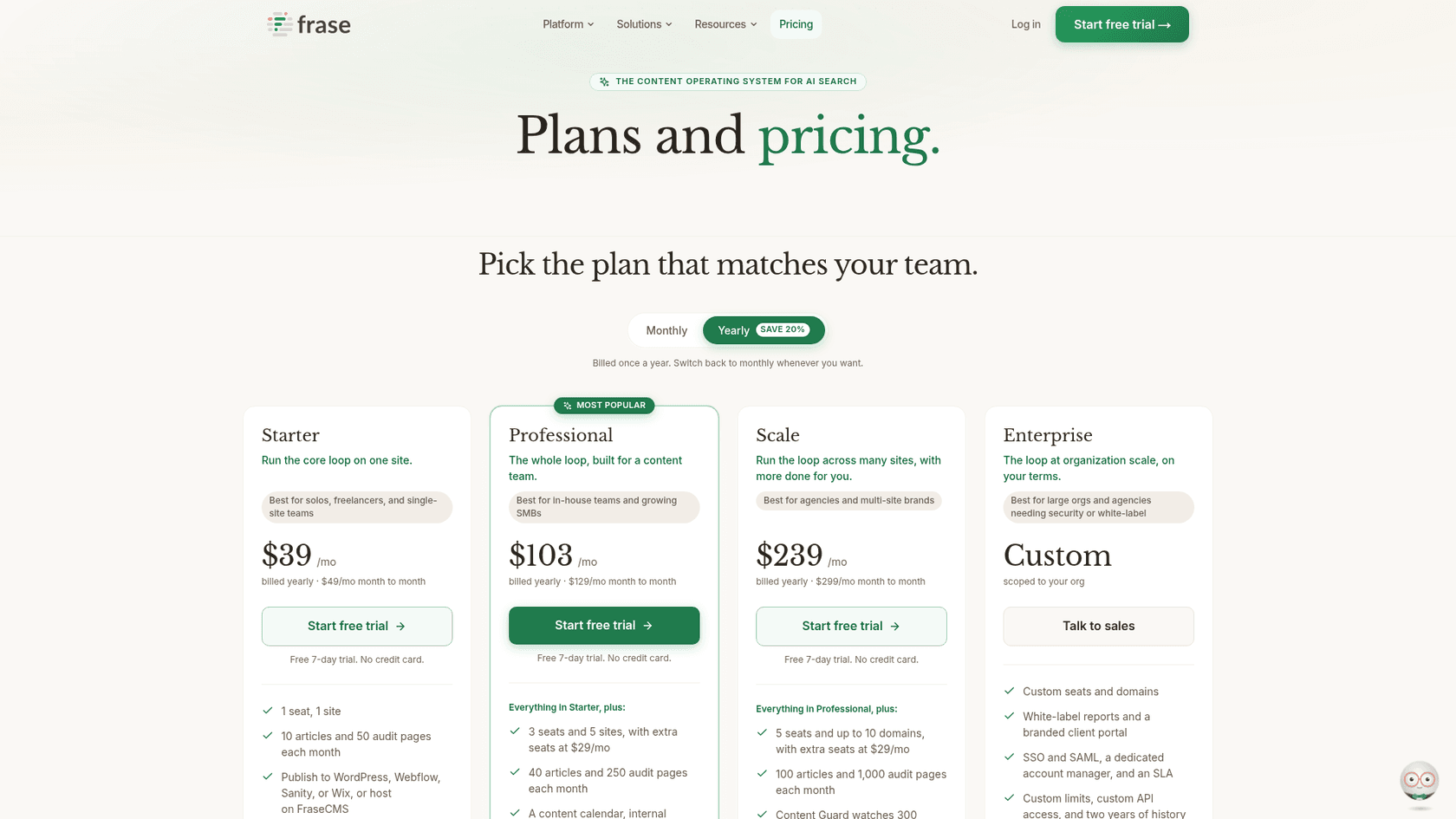 Frase's pricing page showing the Starter, Professional, Scale, and Enterprise plans, as taken from Frase