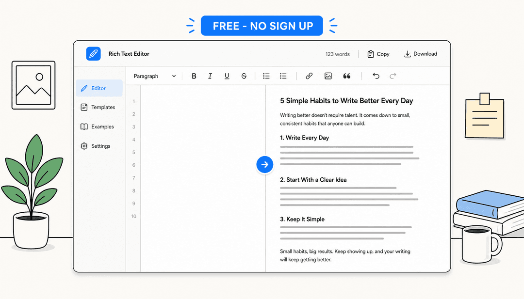 Clean editor panel showing a blank page transforming into a filled blog post with a 'free, no sign up' badge in eesel blue