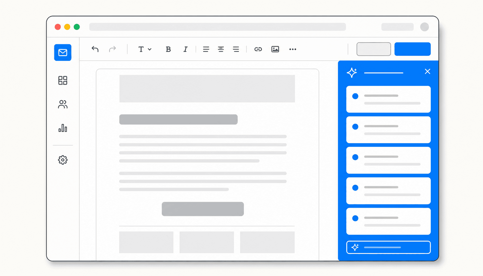Newsletter editor panel with an AI suggestion sidebar in eesel blue, on a warm off-white background