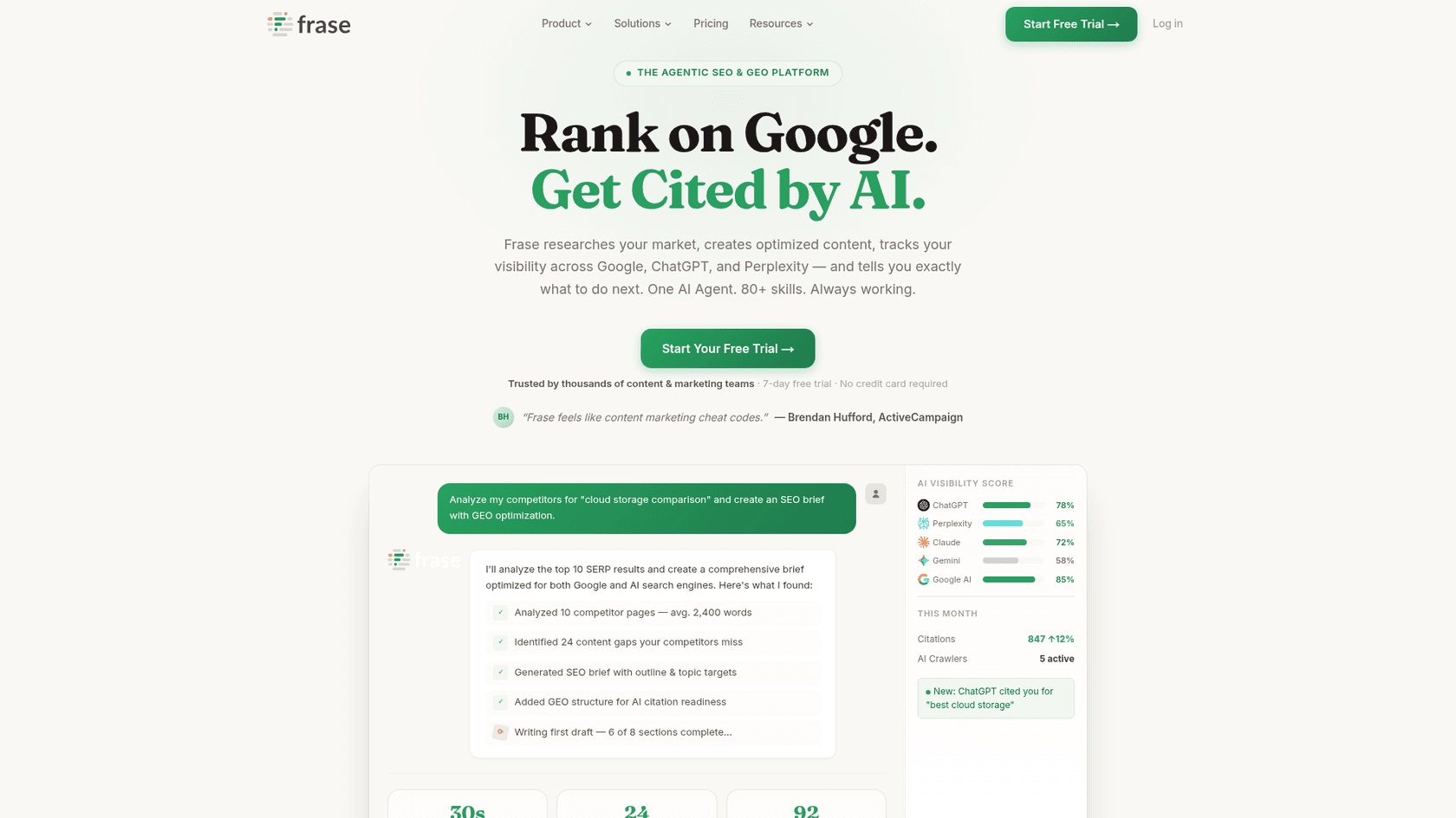 Frase features page showing SERP-based topic research and content brief generation