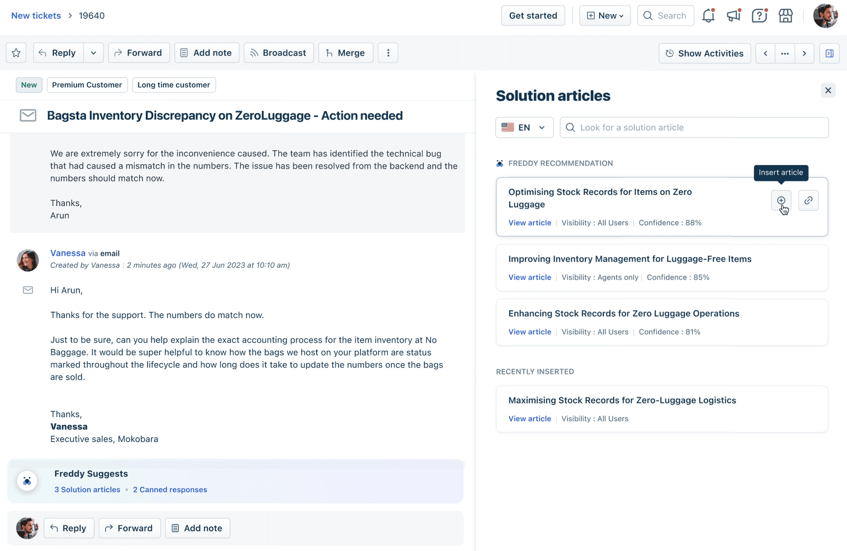 Freshdesk Freddy AI suggesting knowledge articles for agents