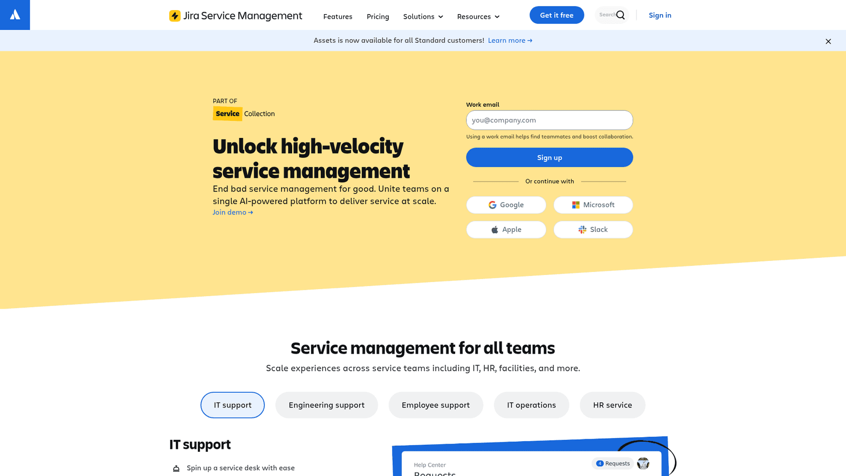 Jira Service Management ITSM platform homepage