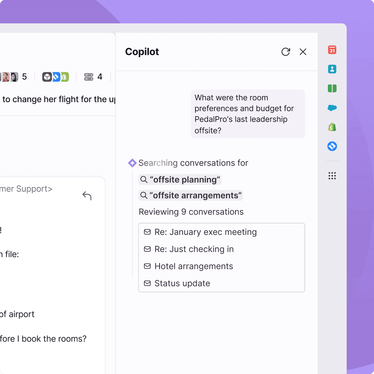 Front Copilot showing AI-suggested reply drafted from conversation history and CRM data