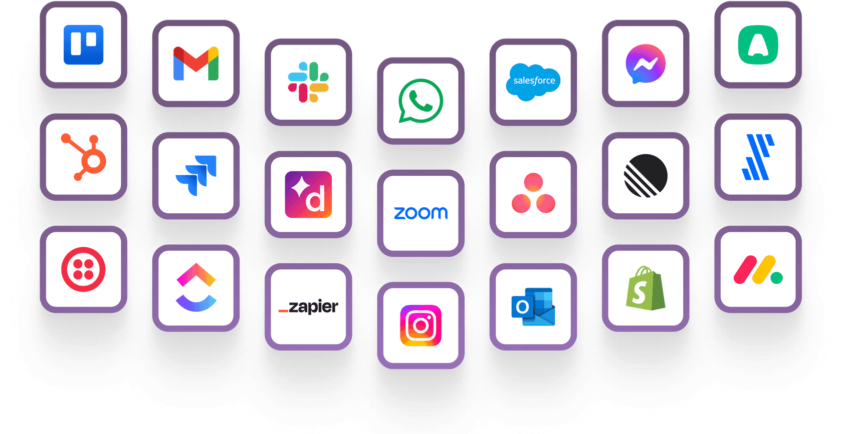 Front integrations showing Salesforce, HubSpot, Asana, and other connected tools