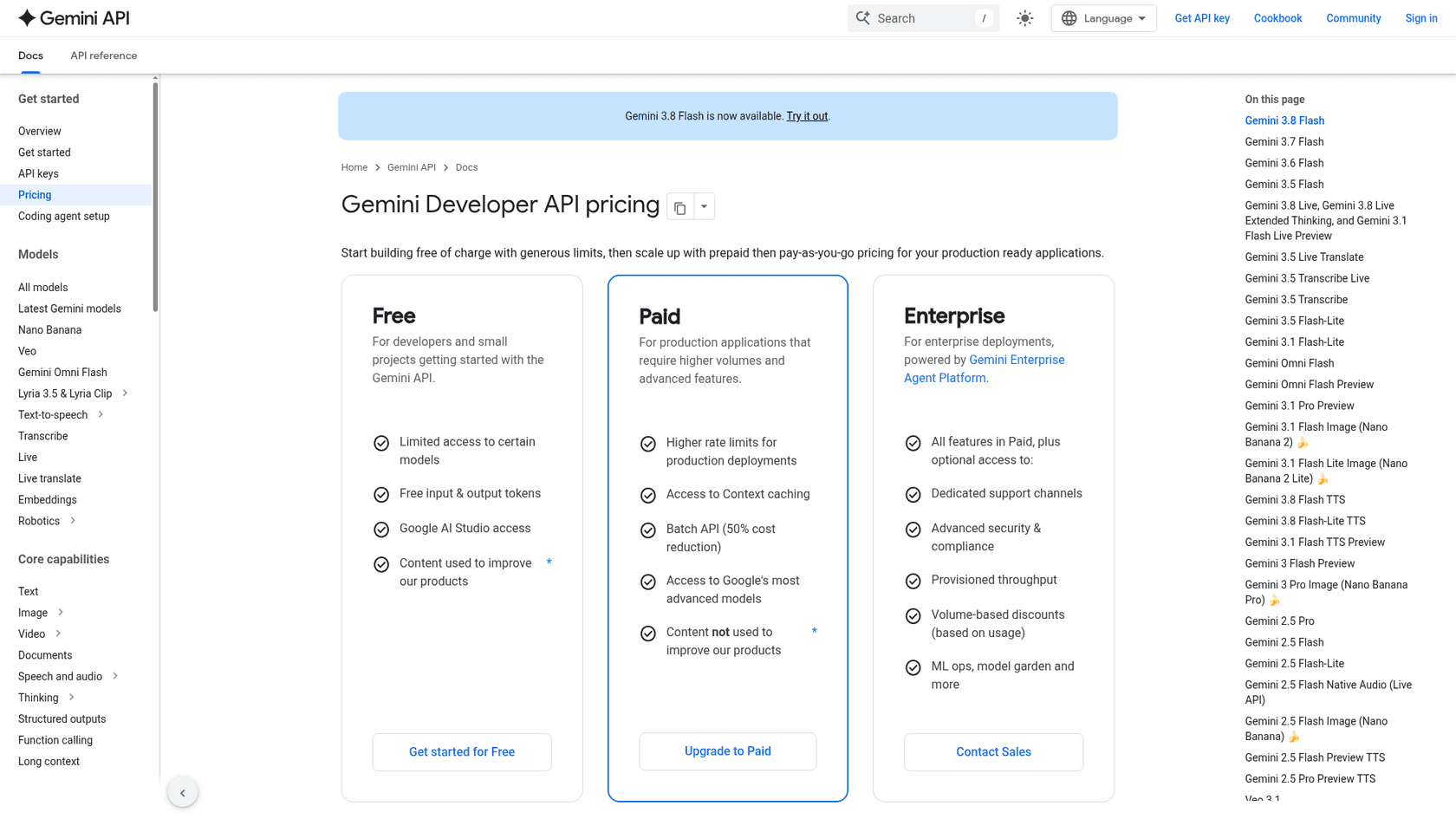 Gemini Developer API pricing page, as taken from Google's Gemini API docs