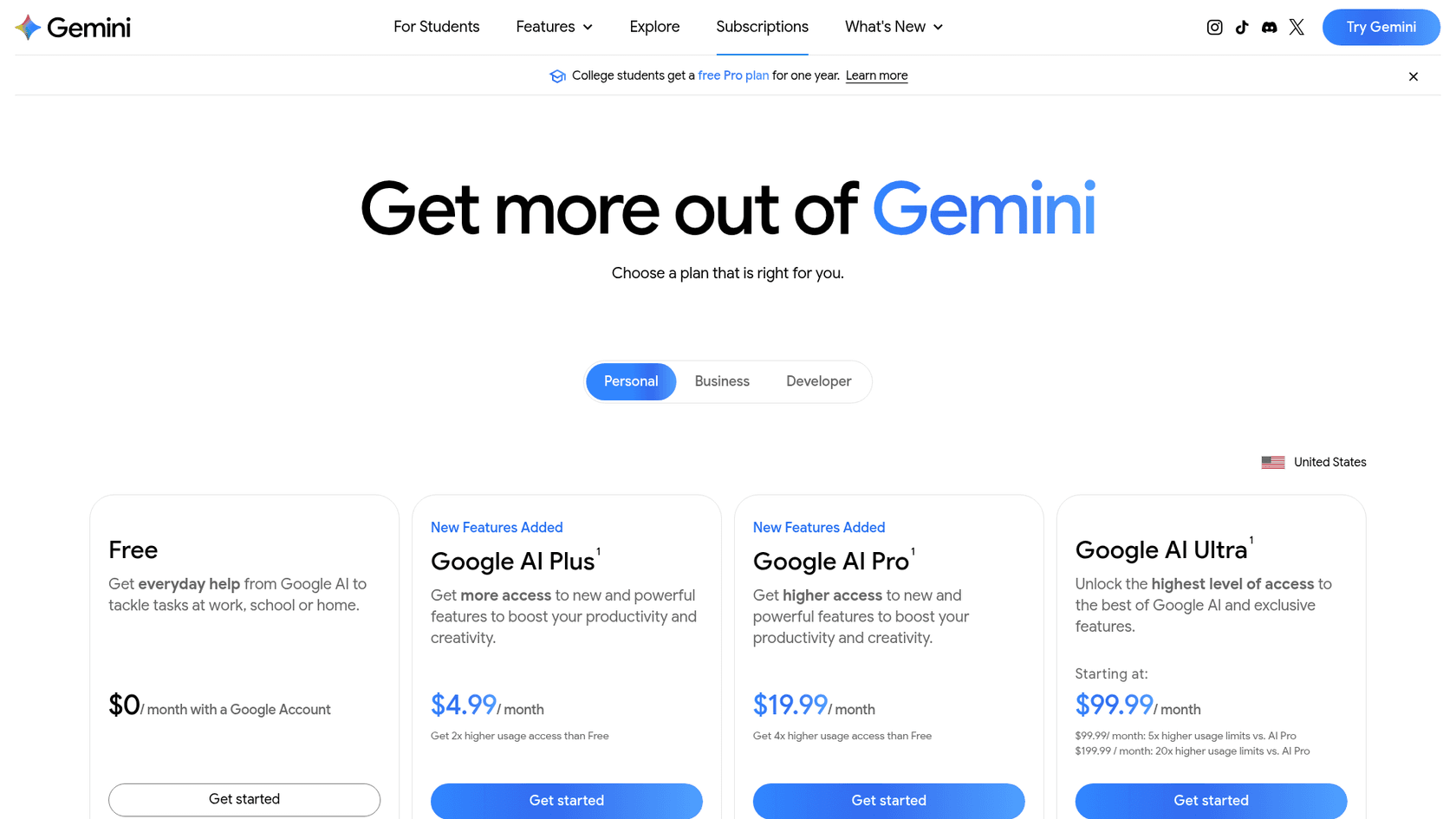 Gemini subscription plans page with Google AI Plus, Pro and Ultra, as seen on Gemini
