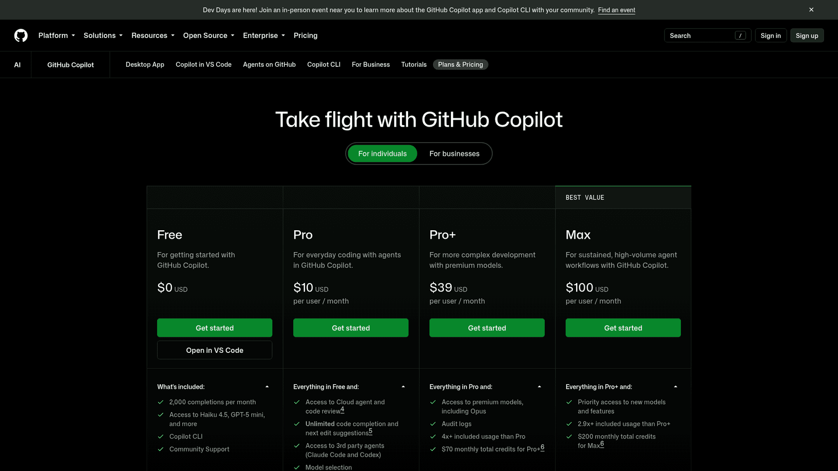 GitHub Copilot individual plans page showing Free, Pro, Pro+ and Max, as taken from GitHub
