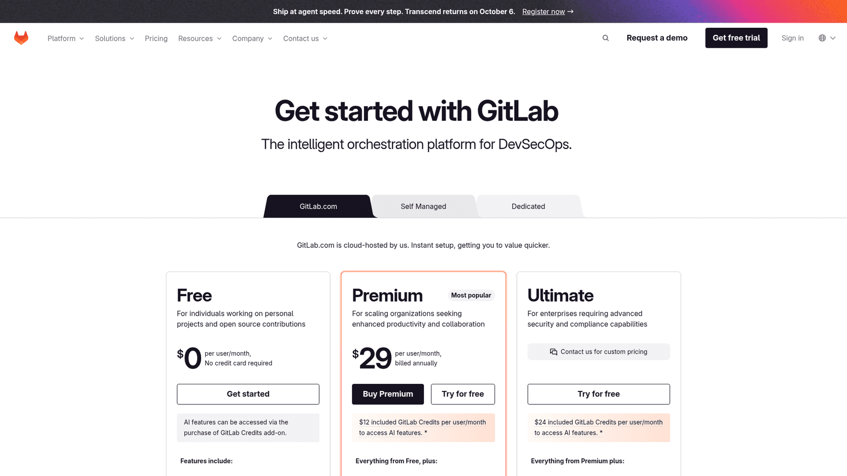 GitLab's pricing page showing the Free, Premium, and Ultimate plans, as taken from GitLab's pricing page