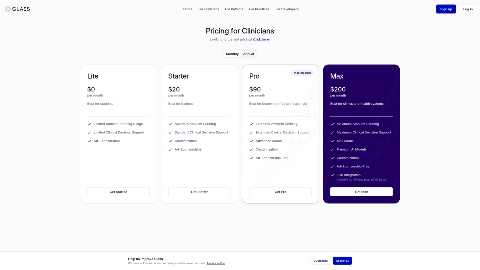 Glass Health clinician pricing from Lite to Max, as shown on Glass Health