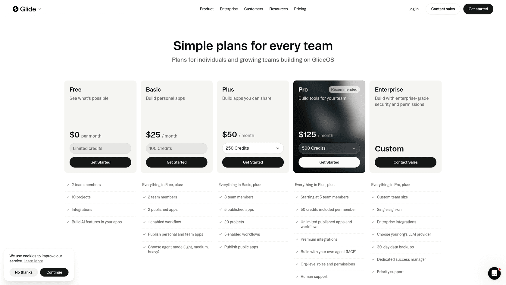 Glide pricing page showing the Free, Basic, Plus, Pro and Enterprise plans, as taken from Glide