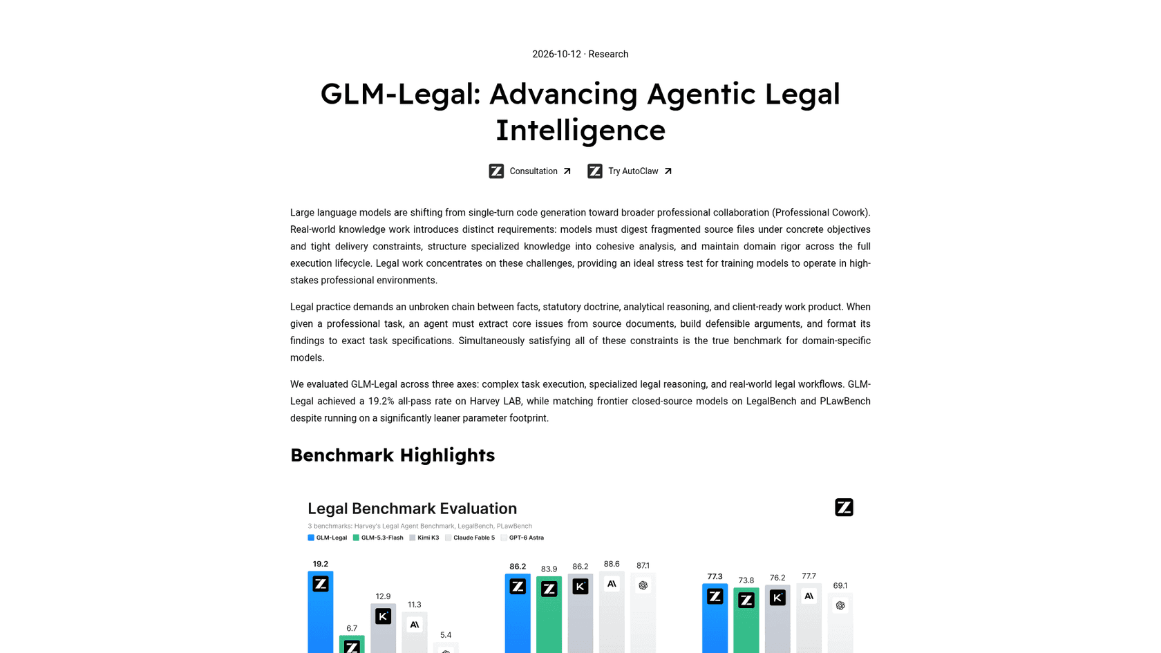 Z.ai's GLM-Legal launch page, showing the Consultation and Try AutoClaw buttons above the benchmark chart, as captured from the Z.ai blog