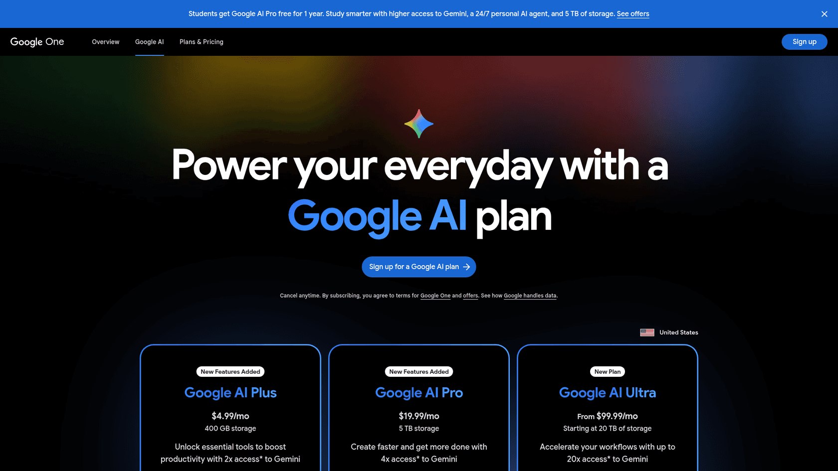 Google AI plans page showing Google AI Plus, Pro, and Ultra pricing, as taken from Google One