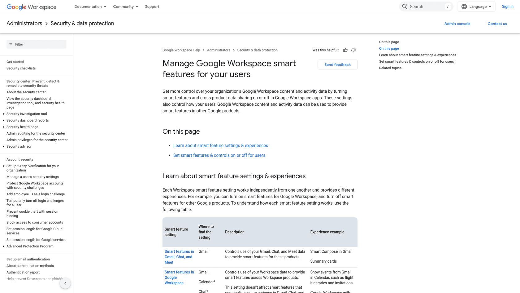 Google's admin help page for managing Workspace smart features, as taken from Google Workspace Help