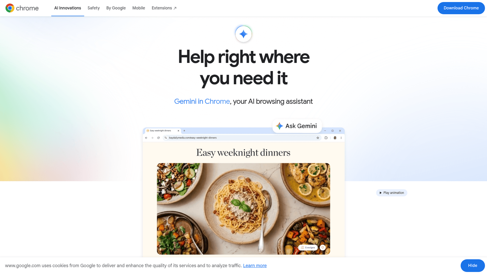 Google's Gemini in Chrome page showing the Ask Gemini button over a recipe page, as taken from Google Chrome