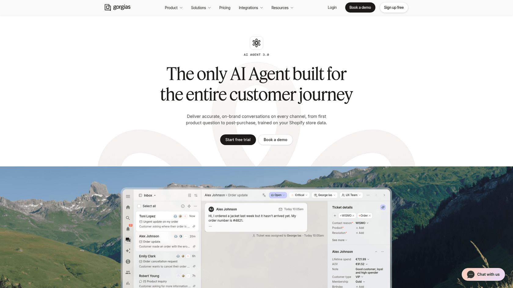 Gorgias AI Agent 3.0 page pitching an AI agent built for the entire customer journey and trained on Shopify store data, as taken from Gorgias