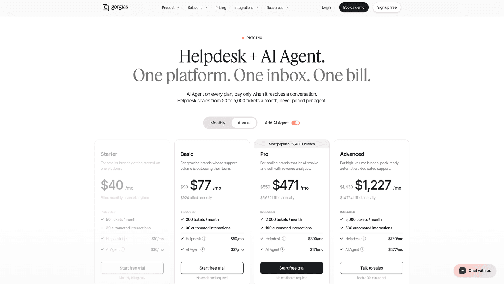 Gorgias pricing page showing the Starter, Basic, Pro and Advanced plans with the AI Agent toggle on, as captured from the Gorgias pricing page in October 2026