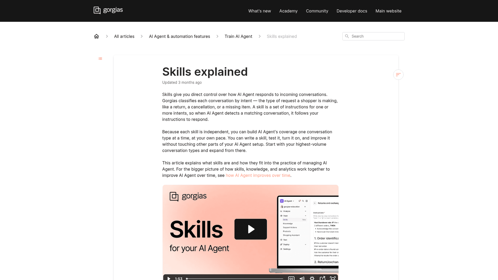 Gorgias skills documentation page explaining how a skill handles intents like returns, as taken from the Gorgias docs