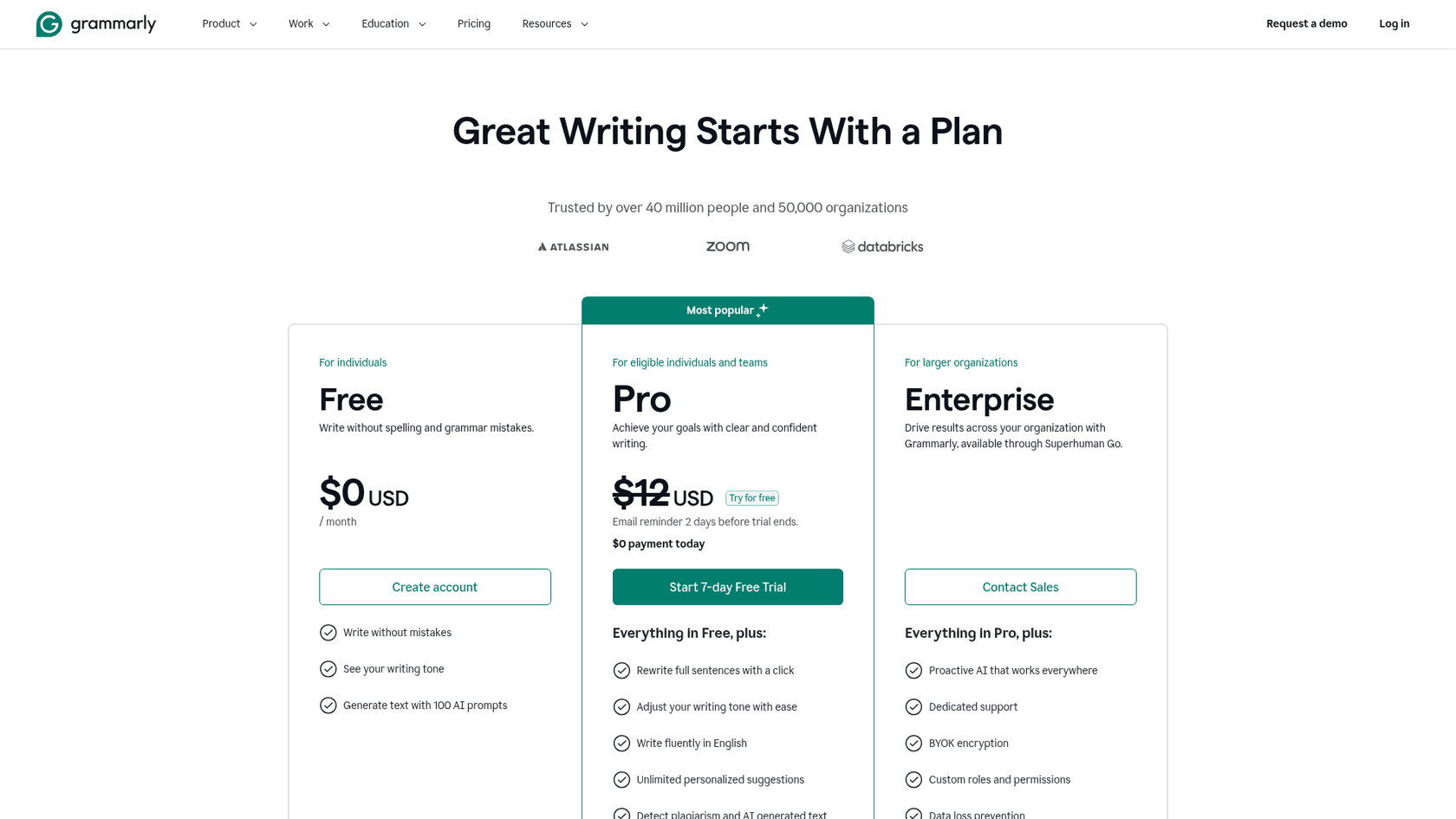 Grammarly plans page showing the Free, Pro, and Enterprise tiers, as taken from Grammarly