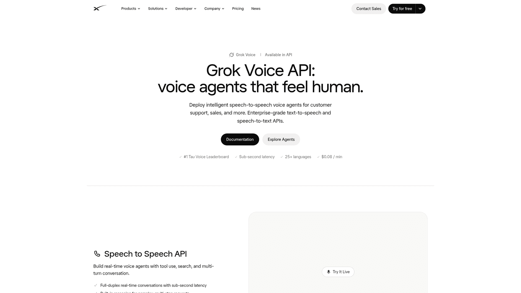 The Grok Voice API landing page on x.ai, headlined voice agents that feel human, listing sub-second latency, 25+ languages and $0.08 per minute, as taken from xAI