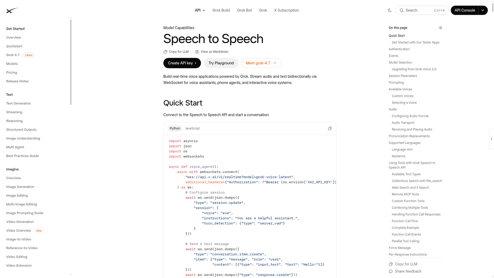 The xAI Speech to Speech docs page with Create API key and Try Playground buttons and a Python quick start that connects to wss://api.x.ai/v1/realtime, as taken from xAI docs