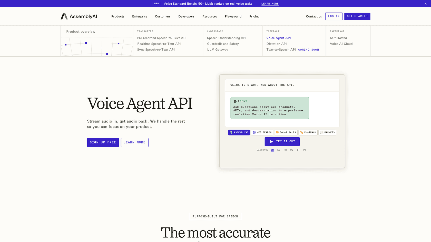 AssemblyAI's Voice Agent API product page with the tagline stream audio in, get audio back, and a live demo panel with an agent and language options in English, Spanish, French, German, Italian and Portuguese, as taken from AssemblyAI's site