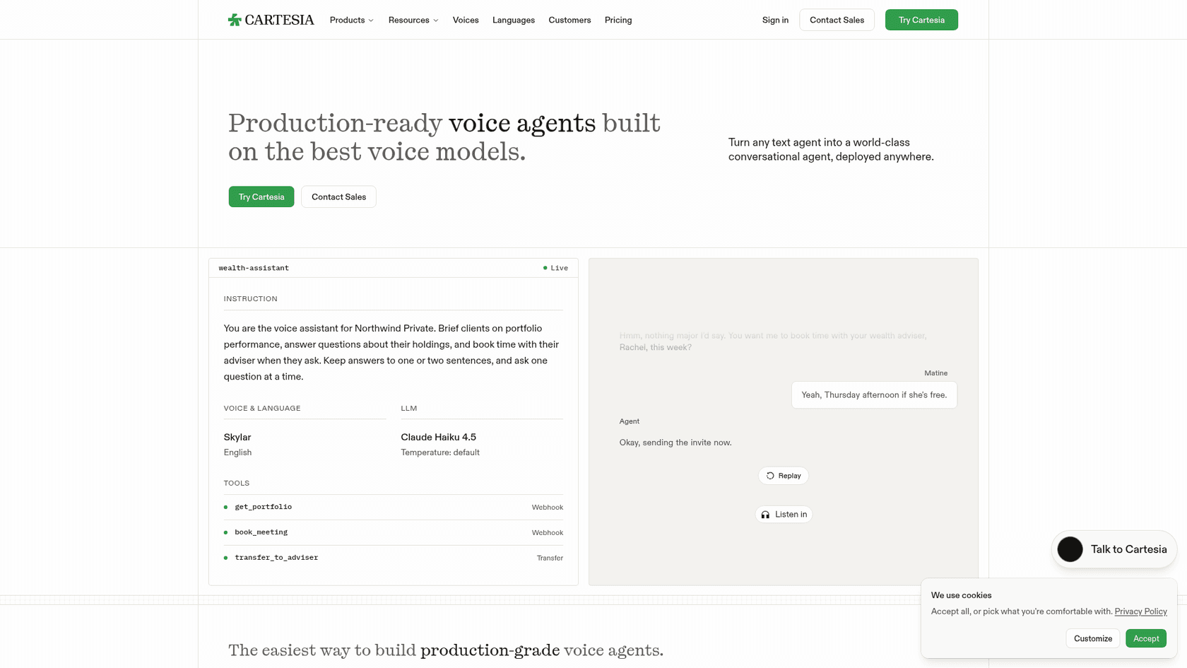 Cartesia's voice agents page showing a live wealth-assistant agent config with instructions, the Skylar voice in English, Claude Haiku 4.5 as the LLM and three tools, next to a call transcript, as taken from Cartesia's site