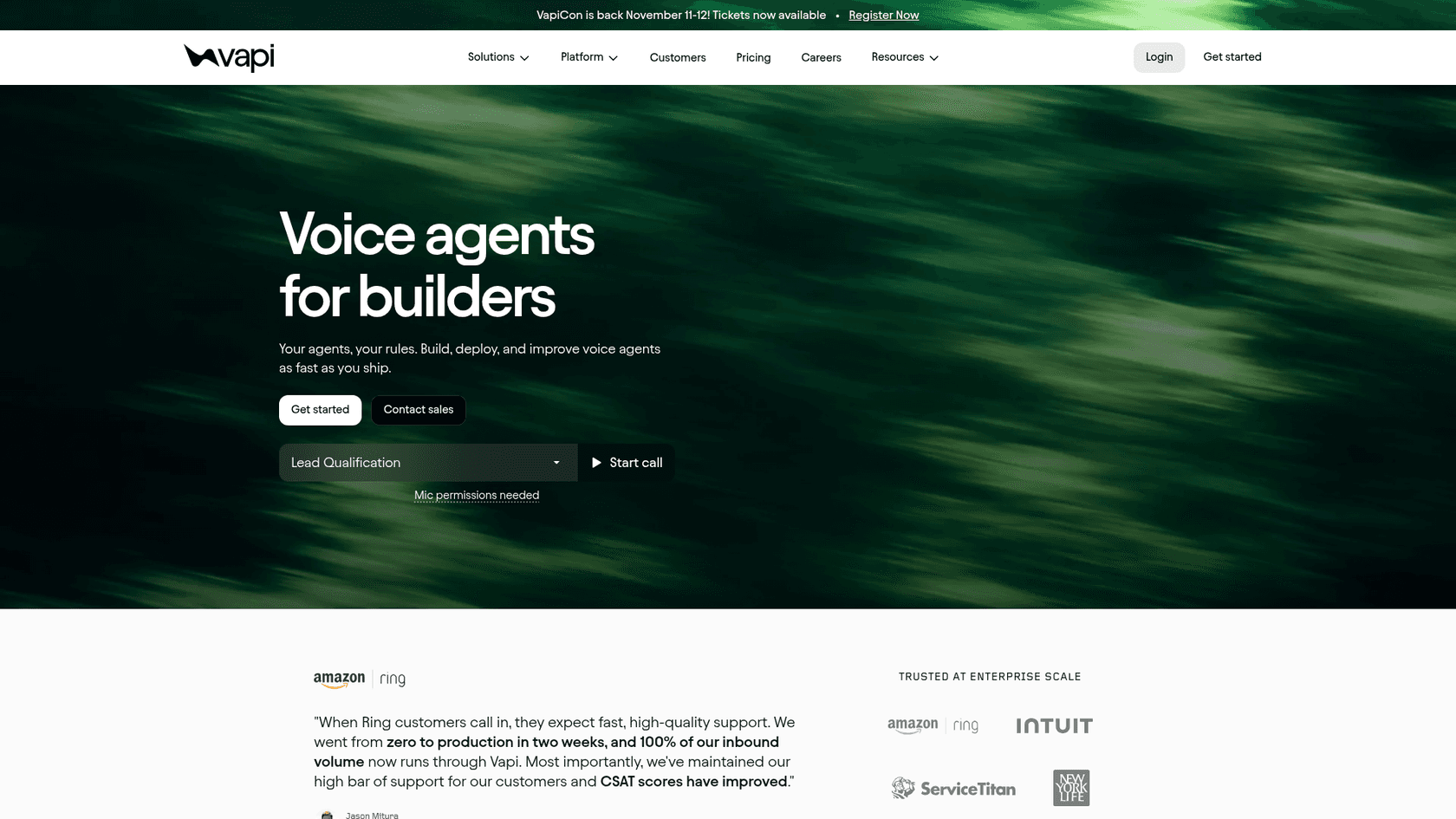 Vapi's homepage with the headline voice agents for builders and a live demo control to start a lead qualification call in the browser, as taken from Vapi's site
