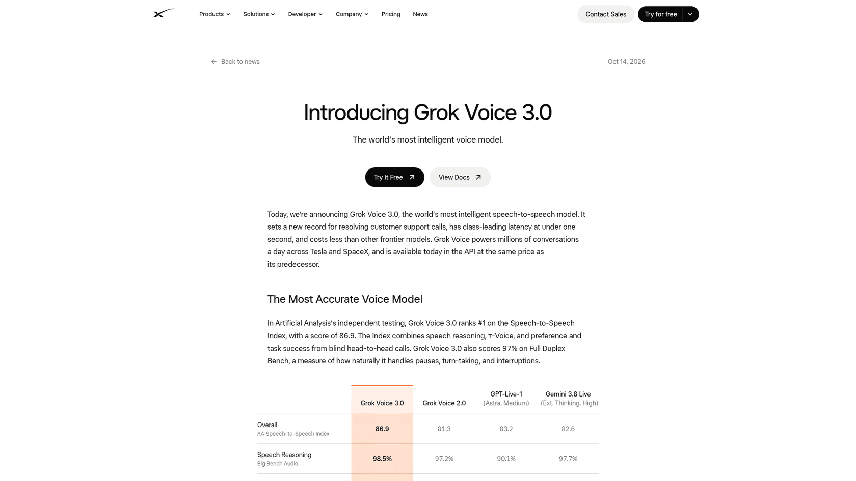 The Grok Voice 3.0 launch post on x.ai, dated October 14, 2026, showing the benchmark table against Grok Voice 2.0, GPT-Live-1 and Gemini 3.8 Live, as taken from xAI