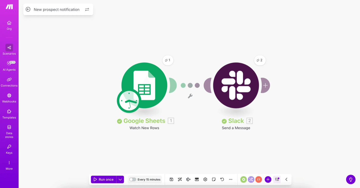 The Make scenario editor with a Google Sheets "Watch New Rows" module connected to a Slack "Send a Message" module, operation counts above each module and an "Every 15 minutes" schedule toggle below, as shown in Make's help center